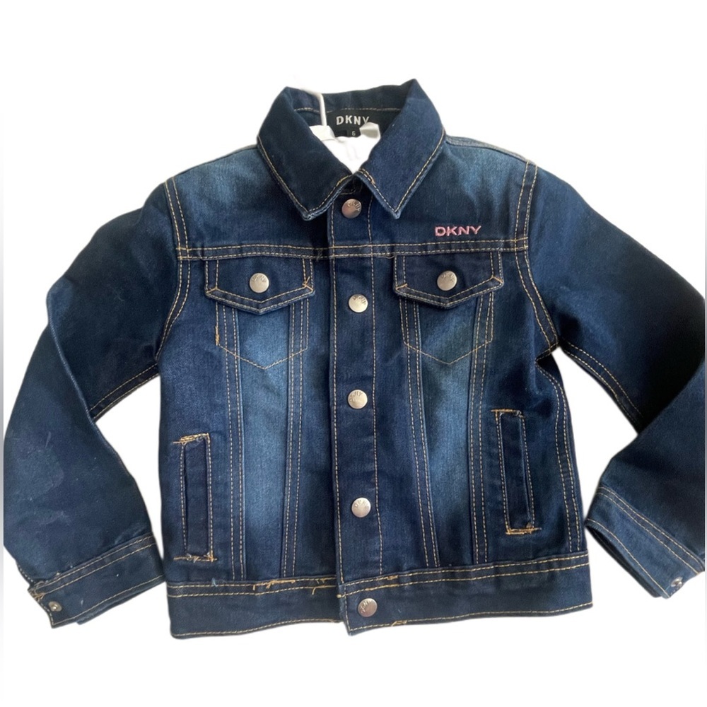 DKNY Denim Girls Jean Jacket - Size 6 Pink logo